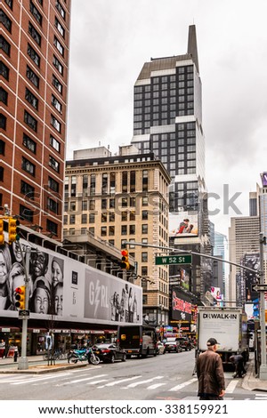 NEW YORK, USA - SEP 22, 2015: Posters and promotion billboards of the Broadway street. It is the oldest northÃ?Â¢??south main thoroughfare in New York City