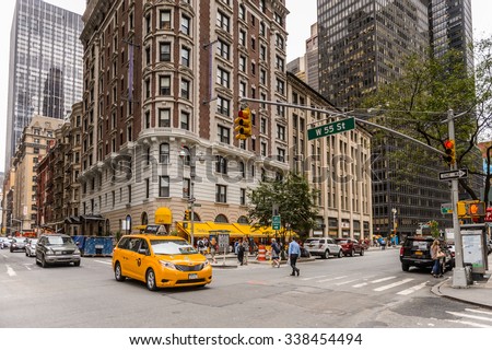 NEW YORK, USA - SEP 22, 2015: Taxi cab at the Broadway street. It is the oldest north south main thoroughfare in New York City