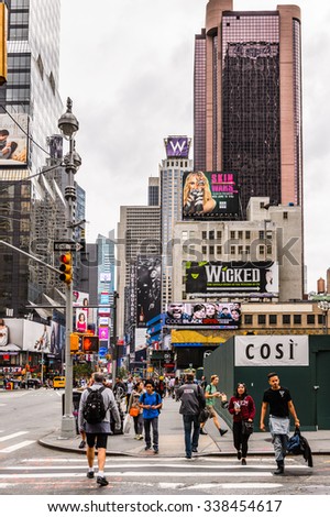 NEW YORK, USA - SEP 22, 2015: Posters and promotion billboards of the Broadway street. It is the oldest north south main thoroughfare in New York City