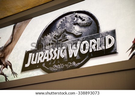 LOS ANGELES, USA - SEP 27, 2015: Jurassic World logo in Jurassic Park area in the Universal Studios Hollywood Park. Jurassic Park is a 1993 American adventure film  by Steven Spielberg
