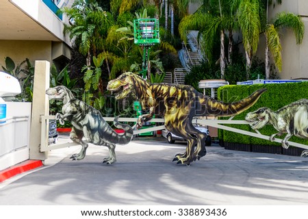 LOS ANGELES, USA - SEP 27, 2015: Jurassic Park area in the Universal Studios Hollywood Park. Jurassic Park is a 1993 American adventure film  by Steven Spielberg