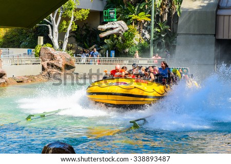 LOS ANGELES, USA - SEP 27, 2015: Water attraction in the Jurassic Park area in the Universal Studios Hollywood Park. Jurassic Park is a 1993 American adventure film  by Steven Spielberg