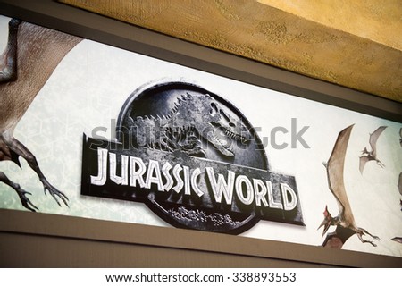 LOS ANGELES, USA - SEP 27, 2015: Jurassic World logo in Jurassic Park area in the Universal Studios Hollywood Park. Jurassic Park is a 1993 American adventure film  by Steven Spielberg