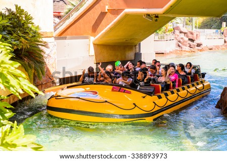 LOS ANGELES, USA - SEP 27, 2015: Water attraction in the Jurassic Park area in the Universal Studios Hollywood Park. Jurassic Park is a 1993 American adventure film  by Steven Spielberg