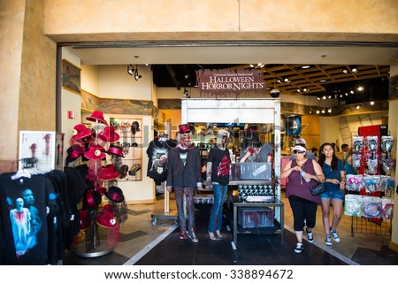 LOS ANGELES, USA - SEP 27, 2015: Gift shop in Jurassic Park area in the Universal Studios Hollywood Park. Jurassic Park is a 1993 American adventure film  by Steven Spielberg