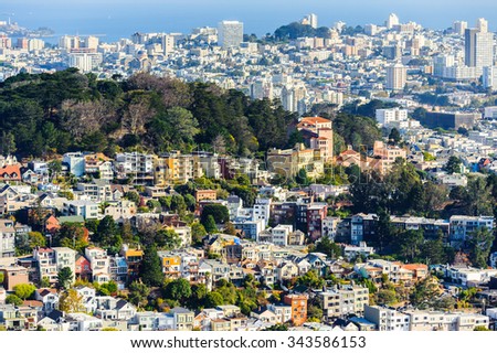 SAN FRANCISCO, USA - OCT 5, 2015: San Francisco from the Twin Peaks observation point. San Francisco is the cultural, commercial, and financial center of Northern California