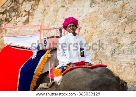 JAIPUR, INDIA - JAN 19, 2016: Unidentified Indian man rides an elephant. Indian elephants used to be one of the main way of transportation in the past