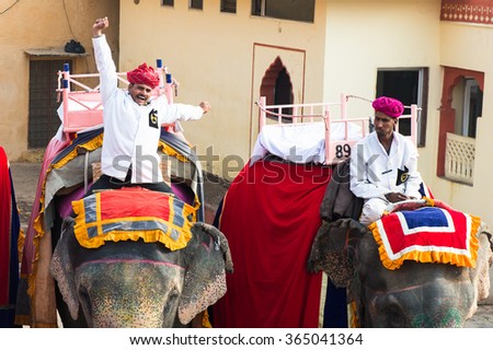 JAIPUR, INDIA - JAN 19, 2016: Unidentified Indian men rides an elephant. Indian elephants used to be one of the main way of transportation in the past