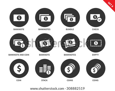 Money and cash vector icons set. Banknotes and coins for commerce and business. Dollars and cents. Isolated on white background