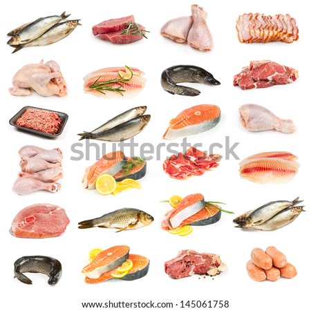 Set Of Meat, Chicken And Fish Isolated On White Background