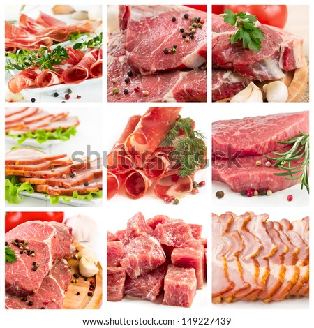 Set of different raw meat and ham