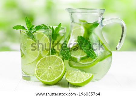 Juice with lime and mint  on white wooden background