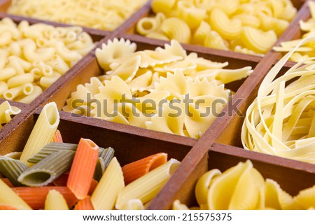 Assortment of pasta in a wooden box