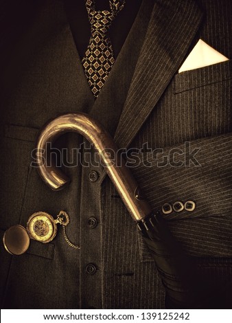 Gentleman'S Suit With Pocket Watch And Umbrella.Sepia Image.