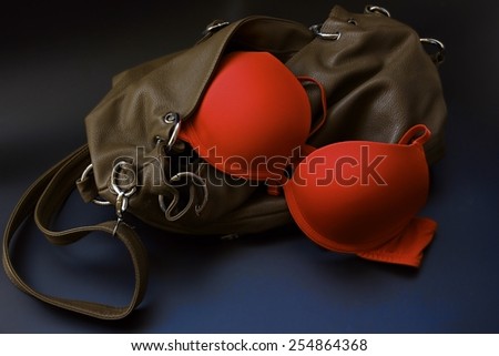 Red bra with women\'s leather bag.