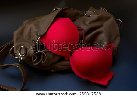 Red bra with women\'s leather bag.
