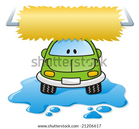 stock photo : Cartoon car washing with roller brush and water splash