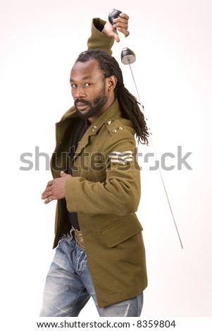 A Black man in a Army jacket with a sword isolated on a white background.