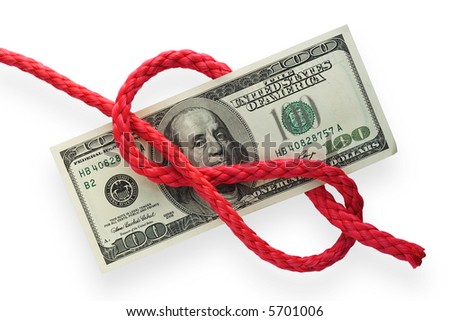 The red cord with figure-eight knot on a banknote. Isolated on white. Conception of risk or difficulty.