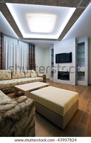 Interior of a new living room with fireplace