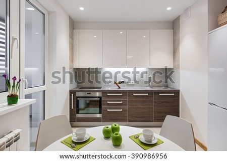 Kitchen interior in a new modern apartment in scandinavian style