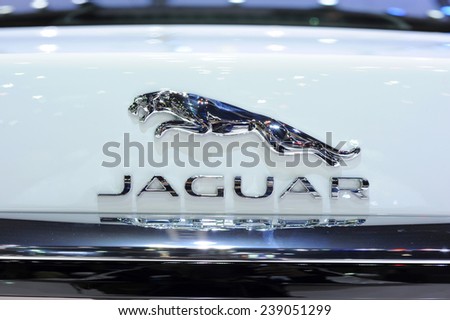 NONTHABURI, THAILAND - December 01: Logo of a Jaguar car on display during the Thailand International Motor Expo 2014 on December 26, 2014 in Nonthaburi, Thailand.