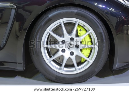 BANGKOK - APRIL 1: Porsche wheel on display at The 36th Bangkok International Motor Show on April 1, 2015 in Bangkok, Thailand.