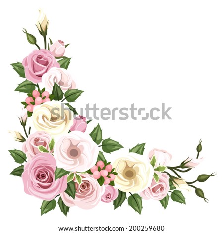 Vector corner background with pink and white roses and lisianthus flowers and green leaves.