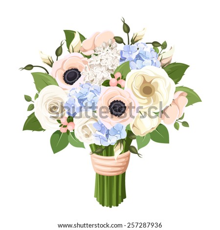 Vector bouquet of pink, blue and white roses, lisianthus, anemones and hydrangea flowers and green leaves isolated on a white background.