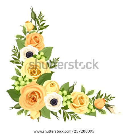 Vector corner background with orange and yellow roses, white anemone flowers and green leaves.
