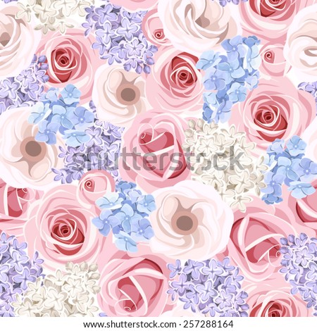 Vector seamless pattern with pink roses, purple and white lilac flowers and blue hydrangea flowers.