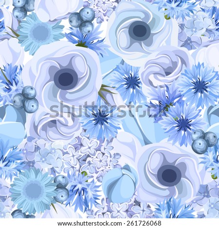 Vector seamless background with blue lisianthus, lilac, tulips, cornflowers and hydrangea flowers.