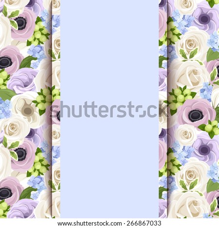 Vector blue card with white roses, purple lisianthus and anemone flowers, blue hydrangea and green leaves.