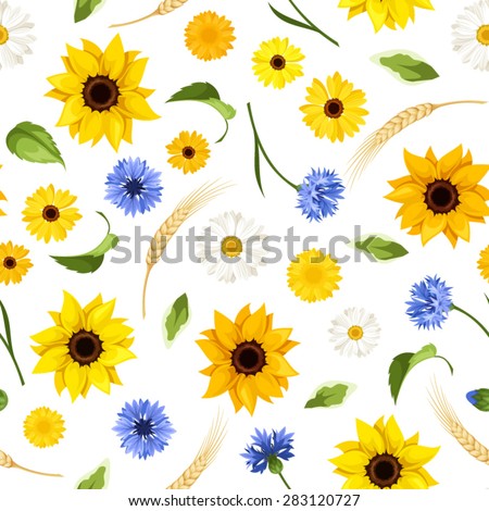 Vector seamless pattern with sunflowers, cornflowers, daisies, gerbera flowers, green leaves and ears of wheat on a white background.