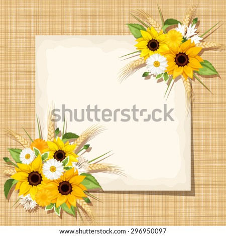 Vector beige card with sunflowers, daisy flowers and ears of wheat on a sacking background.