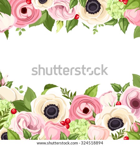 Vector background with pink and white anemones, lisianthuses, ranunculus and hydrangea flowers and green leaves.