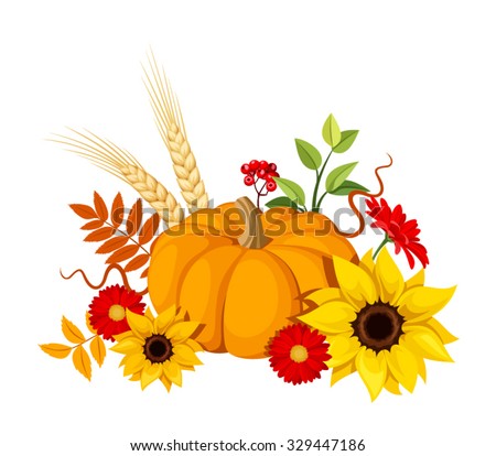 Vector illustration of a pumpkin, sunflowers, gerbera flowers and autumn leaves isolated on a white background.