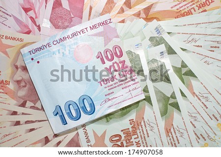 Turkish Currency, a close up of mixed Lira Notes.