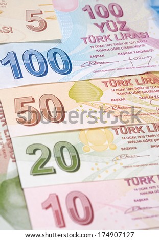 Turkish Currency, a close up of mixed Lira Notes.