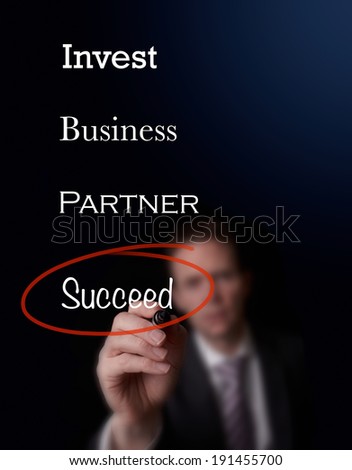 A businessman drawing a success presentation on a screen.