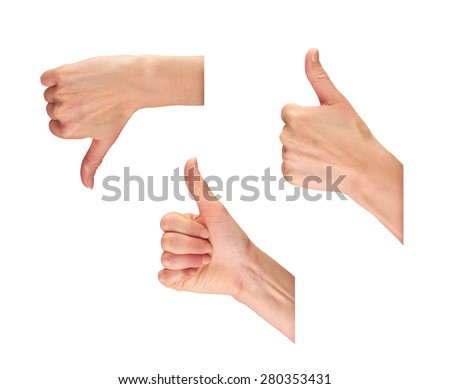 A collection of female hands with their thumbs up and down isolated on a white background.