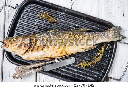 Fish on grill.Grilled sea bass with herbs.