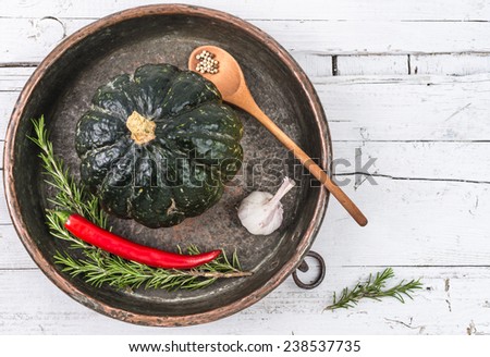Pumpkin and herbs.Ingredients, healthy veg food, recipe, text space.