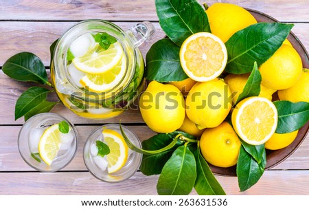 Lemon infused water with mint leaves in glasses and jug.Healthy drink, detox, dieting beverage.