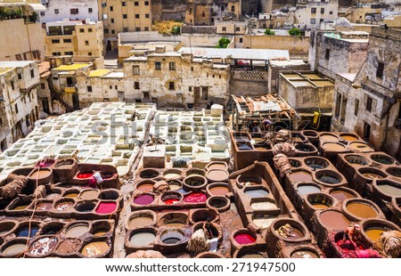 FEZ, MOROCCO -26 May 2014: Tannery leather souk of weavers on 26 May 2014 in Fez, Morocco. The tannery souk of weavers is the most tourists visited part of Fez, historic city listed in UNESCO.