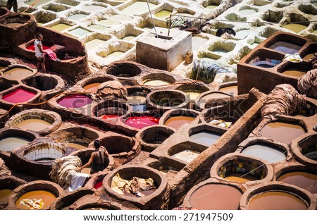 FEZ, MOROCCO -26 May 2014: Tannery leather souk of weavers on 26 May 2014 in Fez, Morocco. The tannery souk of weavers is the most tourists visited part of Fez, historic city listed in UNESCO.