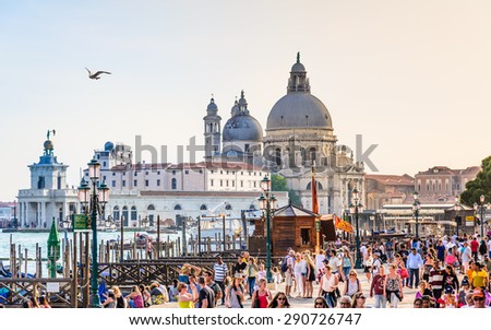 VENICE, ITALY - 02 JUN 2015:Grand Canal and Basilica Santa Maria della salute,Venice, Italy.Venice, the world\'s only pedestrian city, the absence of cars makes walking a particularly pleasant.