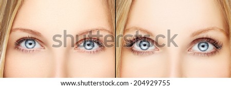 Woman blue eye . Short and long eyelashes