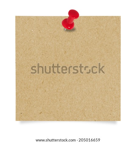 Bright brown paper blank with red pin on white background with clipping paths.