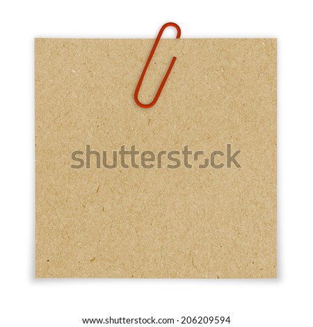 Bright brown paper blank with red paper clip on white backgrounds.